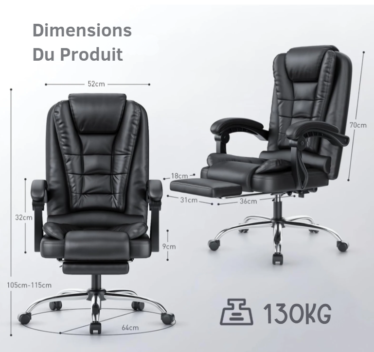 Chaise de Bureau Ergonomique Inclinable – Confort Haut de Gamme en Cuir PU - Idéal professionnel