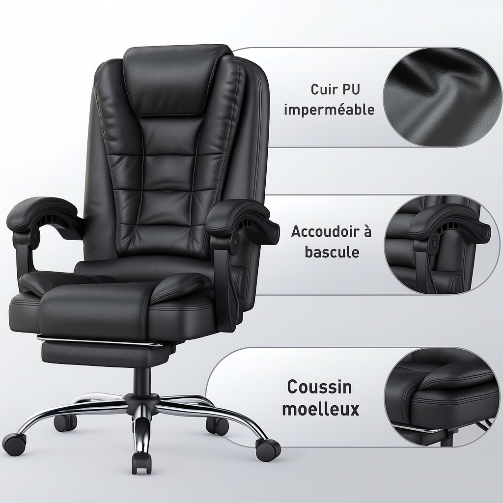 Chaise de Bureau Ergonomique Inclinable – Confort Haut de Gamme en Cuir PU - Idéal professionnel
