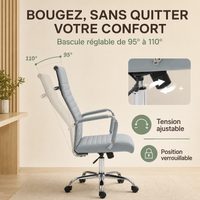 Fauteuil de Bureau Ergonomique "Milo" Dossier Haut en Simili Cuir – Gris Clair, Piètement Chromé 6