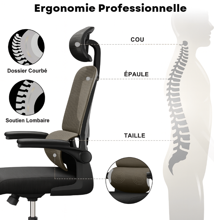 Chaise de Bureau Ergonomique - Soutien Lombaires - appui-tête