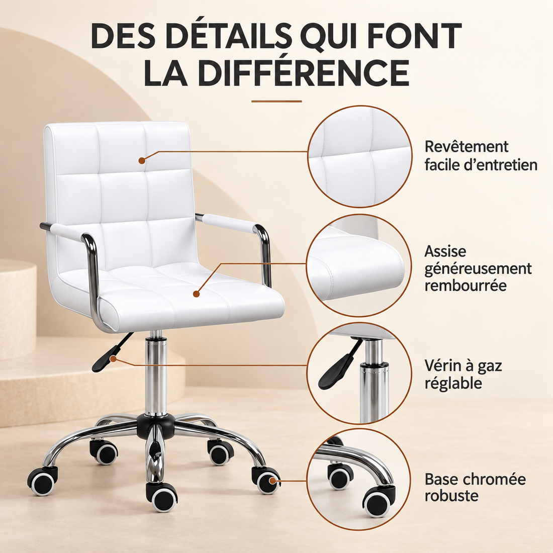 Fauteuil de Bureau "Cléo" en Simili Cuir Capitonné – Blanc, Piètement Chromé